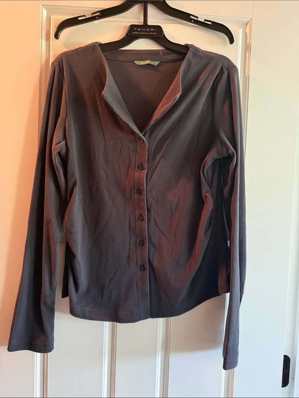 HALARA Navy Blue Ribbed Button-Front Long Sleeve Shirt